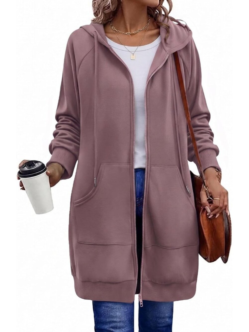 Women's Dusty Pink Long Fleece Hoodie Tunic Zip Up Kangaroo Pocketed Jacket